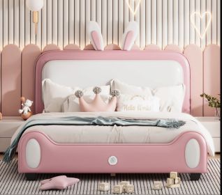 Full size Upholstered Rabbit-Shape Princess Bed ,Full Size Platform Bed with Headboard and Footboard,White+Pink