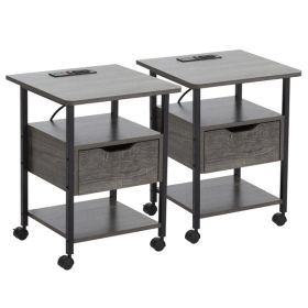 Set of 2 Side Table with Charging Station and Wheels, with 2 USB Ports and 2 Outlets and Power Switch, with Storage Shelves and Drawer, Grey